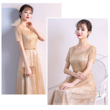 HQ161 Luxury Shinny Sequins Women Night Party Wear Gown O-neck Short Sleeves Beaded Long Lady Evening Dress